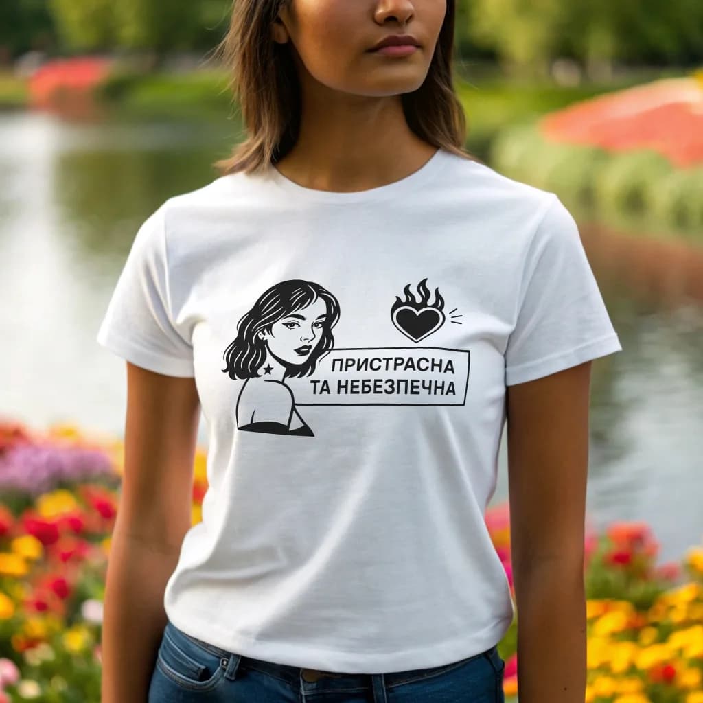 Женская футболка "Пристрастна та небезпечна"