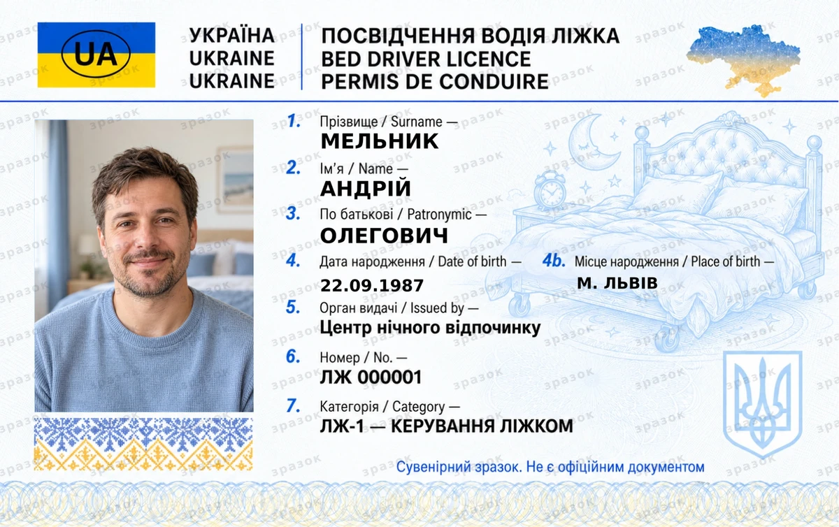 Сувенирное удостоверение водителя кровати