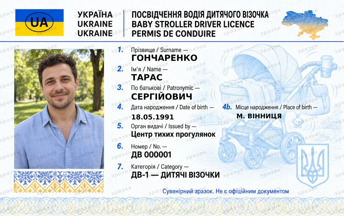 Сувенирное удостоверение водителя детской коляски