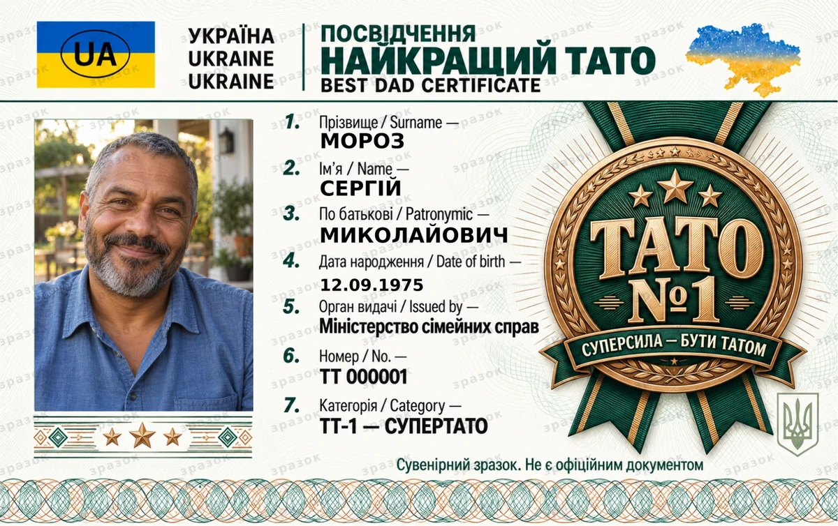 Сувенирное удостоверение лучшего папы — с медалью