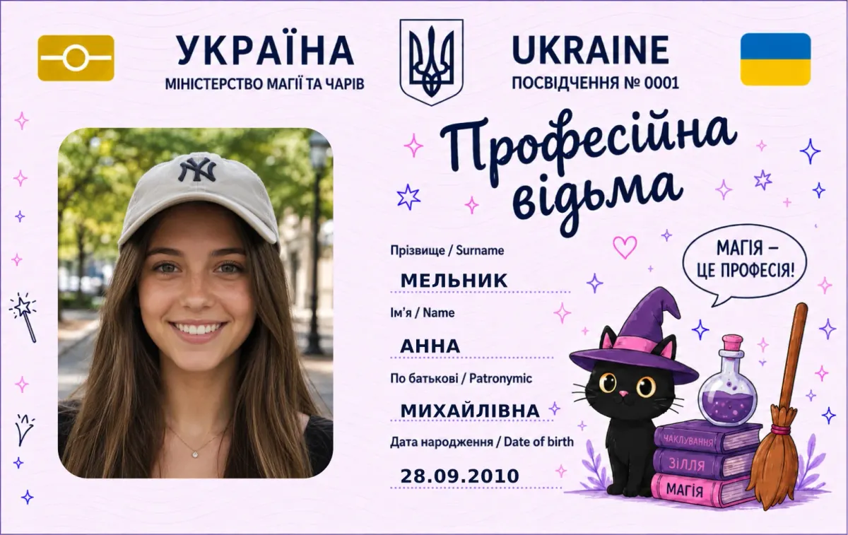 Сувенірне посвідчення відьми з котиком