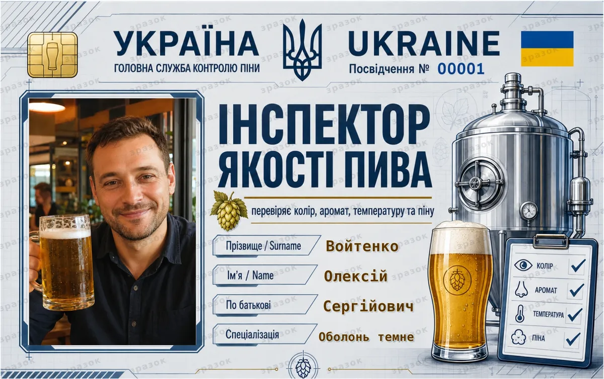 Сувенирное удостоверение «Инспектор качества пива»