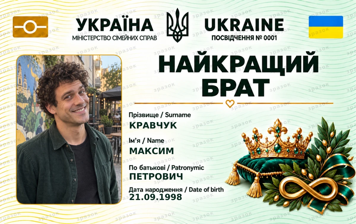 Сувенирное удостоверение лучшего брата — изумрудная корона