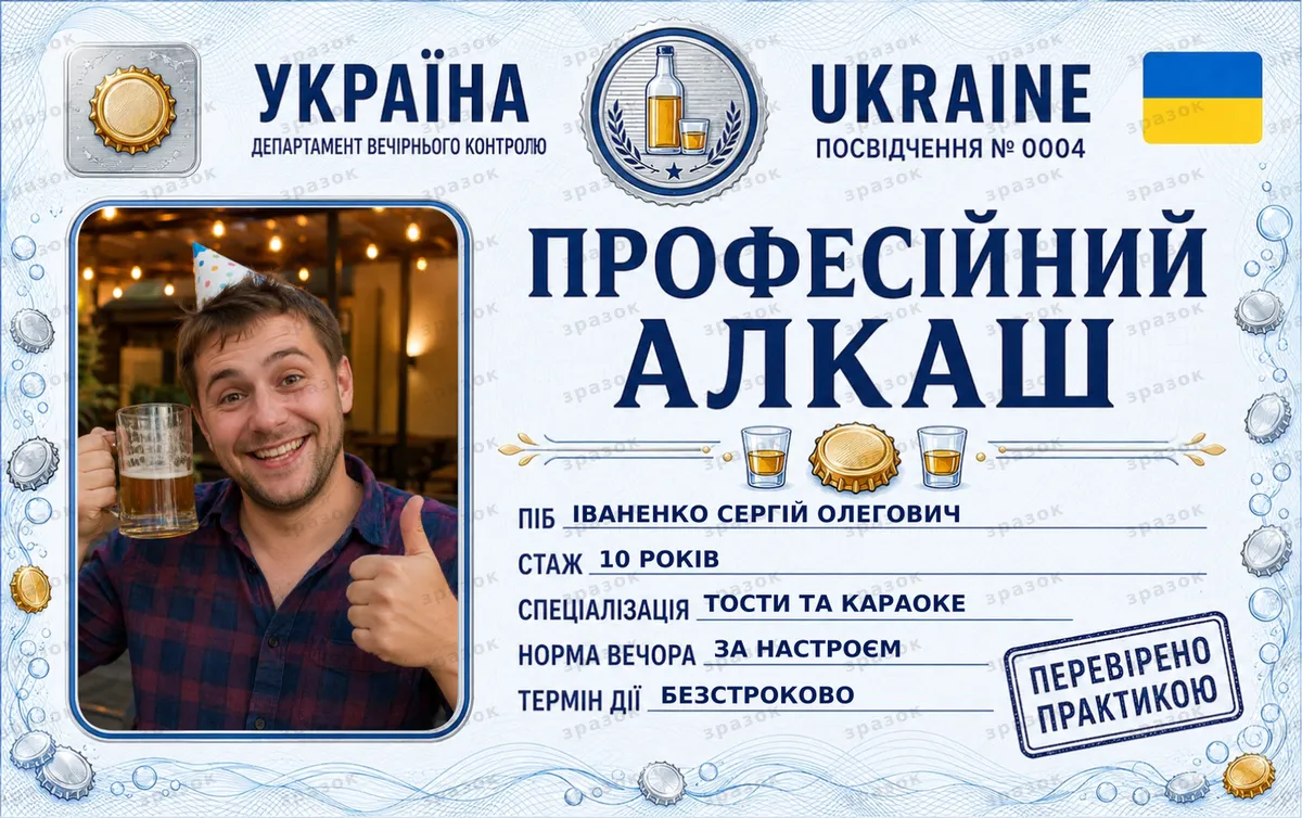 Сувенірне посвідчення «Професійний алкаш»
