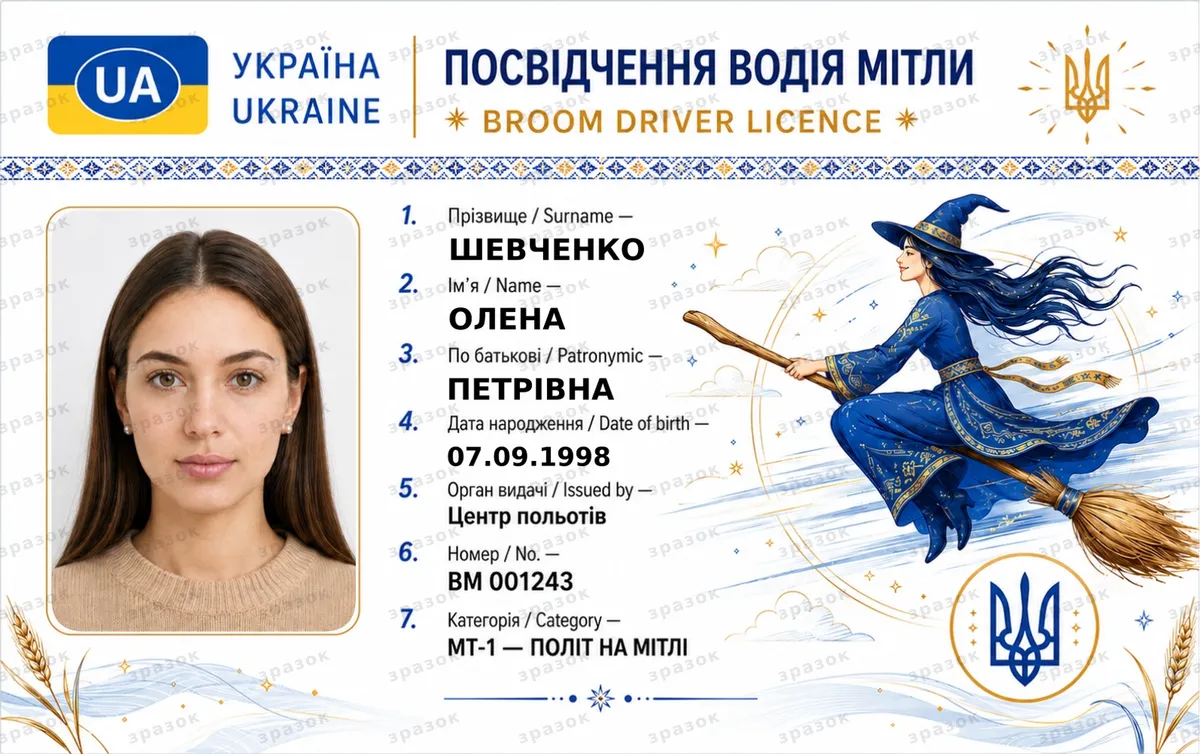 Сувенірне посвідчення водійки мітли — синє