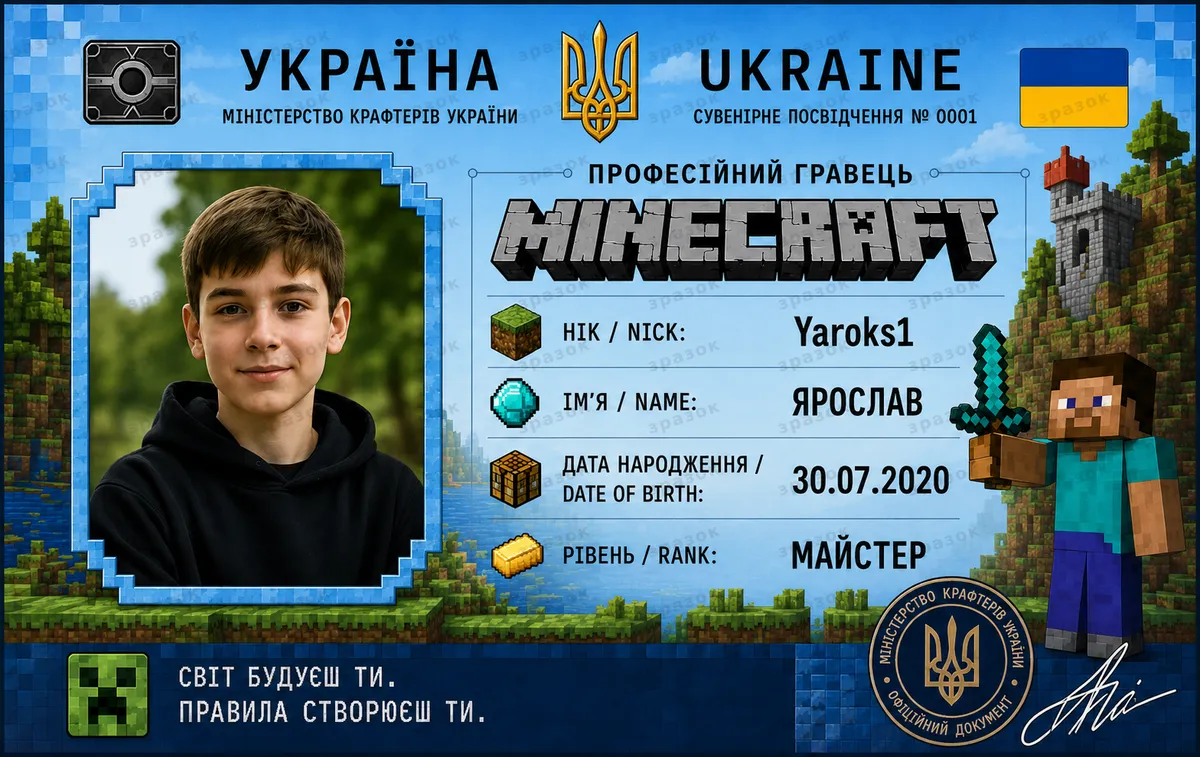 Сувенирное удостоверение игрока Minecraft — синее