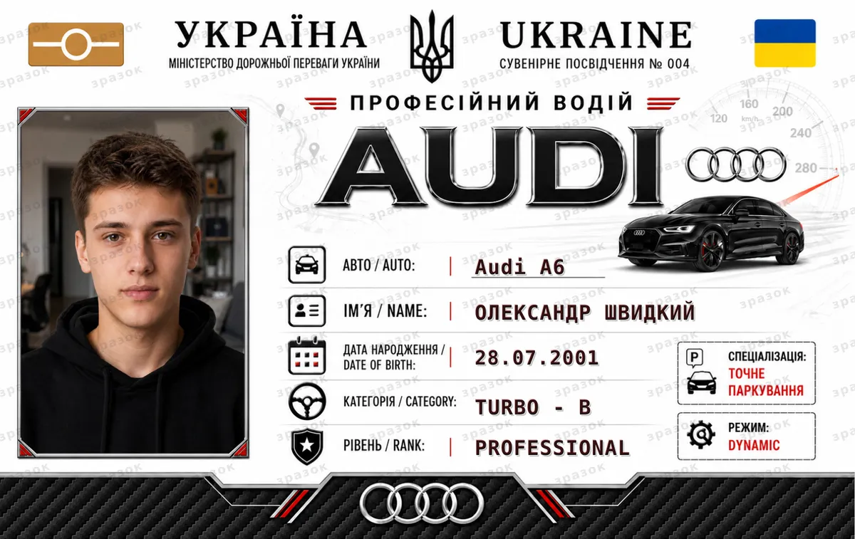 Сувенирное удостоверение водителя Audi