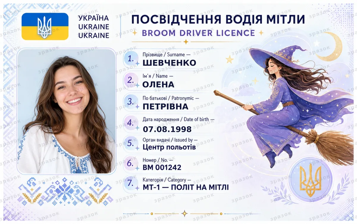 Сувенірне посвідчення «Права на мітлу — фіолетові»