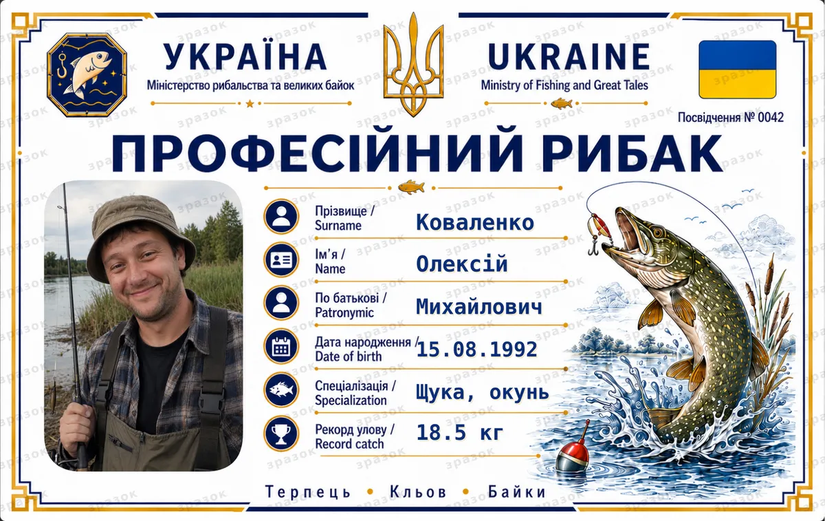 Сувенирное удостоверение профессионального рыбака